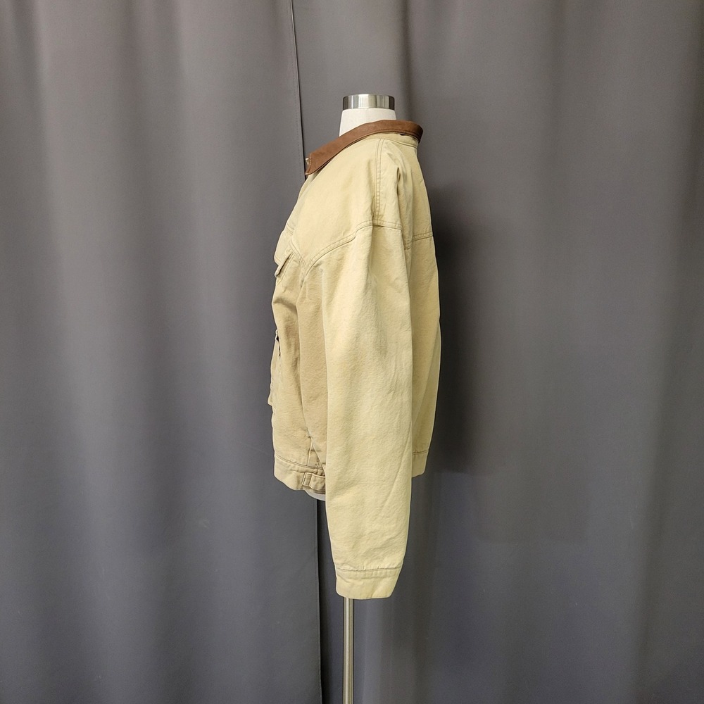 Vintage Woolrich Canvas Trucker Jacket Tan Leather Collar Striped Blanket Lined - Picture 3 of 9